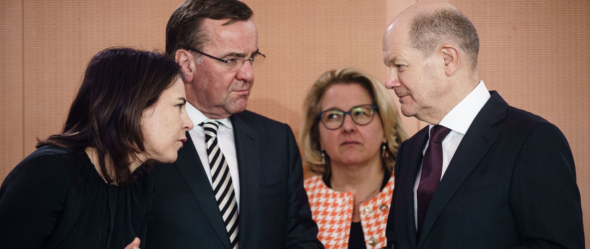 (L-R) German Foreign Minister Annalena Baerbock, German Defense Minister Boris Pistorius, German Minister for Economic Cooperation and Development Svenja Schulze and German Chancellor Olaf Scholz at the Chancellery in Berlin, Germany, March 2023.