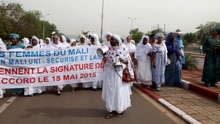 Bamako, 2015: Women rally for the Algiers Peace Agreement. They have gone from marginal representation during that time to joining the process at Track I level in 2020.