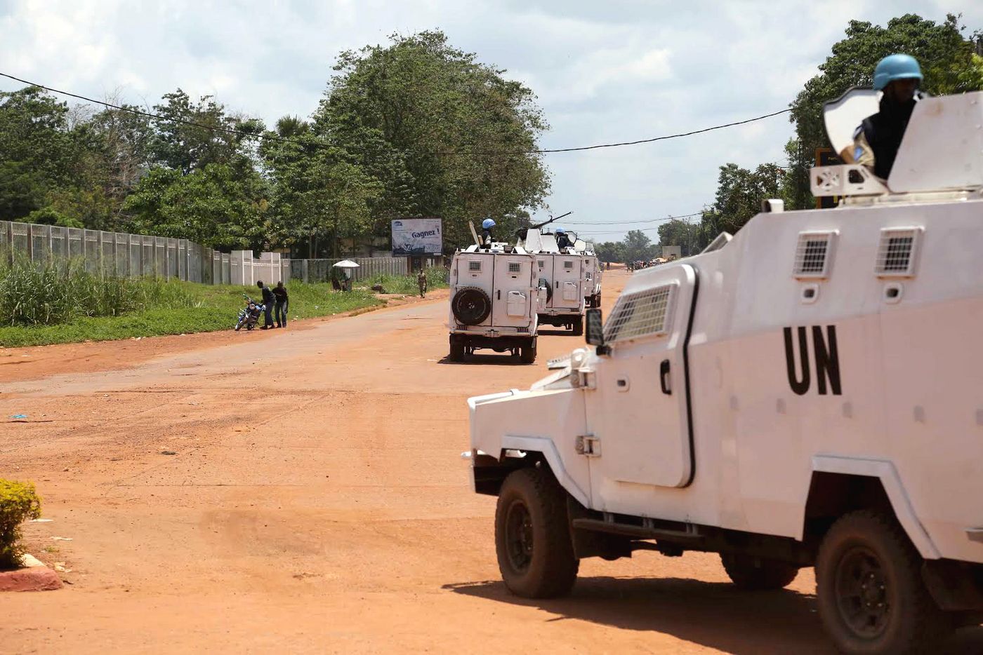 Armoured cars of UN peacekeeping mission MINUSCA (United Nations Multidimensional Integrated Stabilization Mission in the Central African Republic, CAR) patrol on the streets, Bangui, CAR.