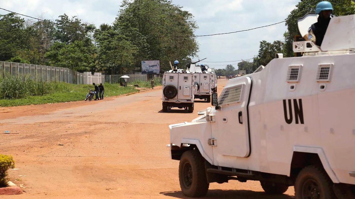 Armoured cars of UN peacekeeping mission MINUSCA (United Nations Multidimensional Integrated Stabilization Mission in the Central African Republic) patrol on the streets in Bangui, CAR.