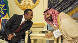 Der Premierminister von Äthiopien, Abiy Ahmed (l) im Gespräch mit dem saudischen Kronprinz Mohammad bin Salman al-Saud (R) während einer Unterzeichnungszeremonie auf Einladung des saudischenKönigs am 16. September 2018. Nach zwanzig Jahren trafen sich führende Politiker*innen aus Äthiopien und Eritrea zu Friedensgesprächen.