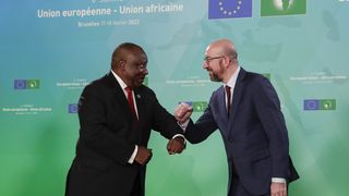 Brussels, 2022: Charles Michel greets Cyril Ramaphosa at EU-AU Summit.