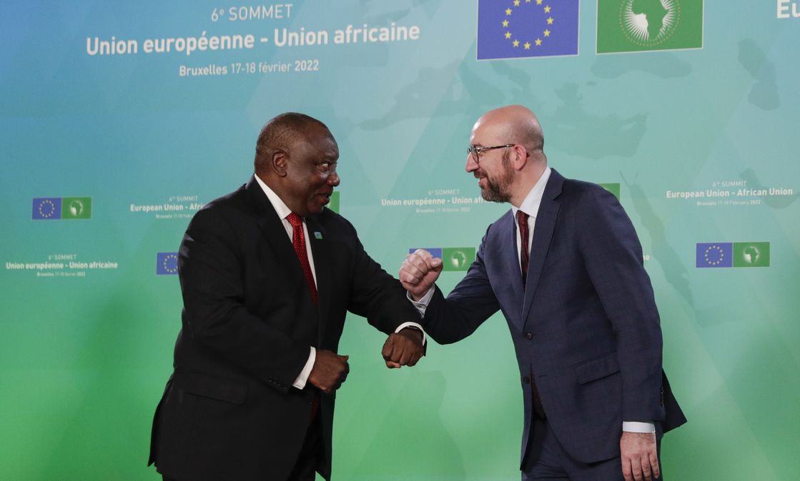 Brussels, 2022: Charles Michel greets Cyril Ramaphosa at EU-AU Summit.