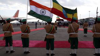 The Indian and Ethiopian flags are displayed during a state visit by then Indian president Ram Nath Kovind in Addis Ababa in 2017.