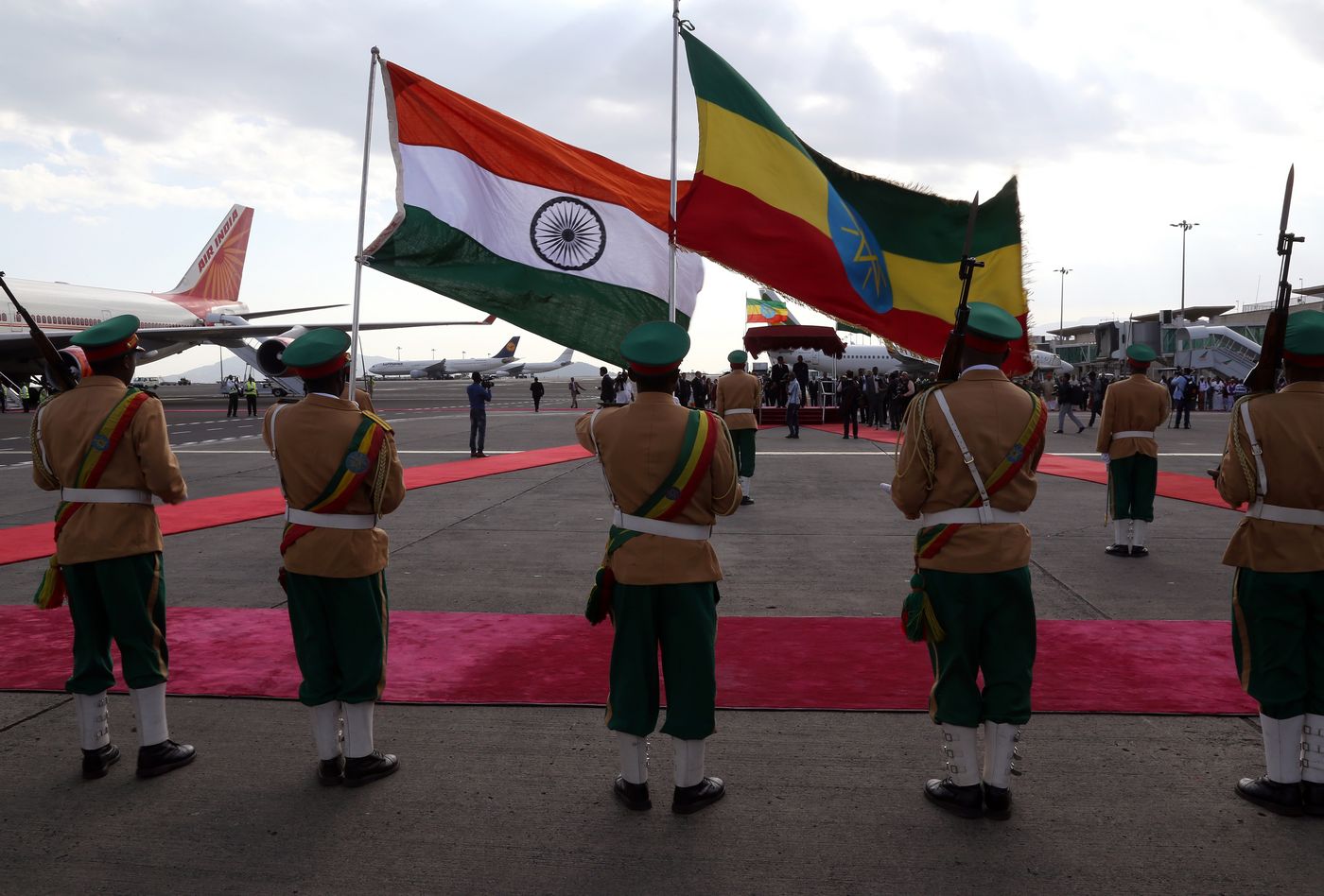 The Indian and Ethiopian flags are displayed during a state visit by then Indian president Ram Nath Kovind in Addis Ababa in 2017.