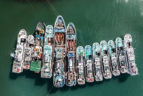 Outside the port of St Louis, Mauritius, cargo ships and bulk carriers wait in an open dock. 